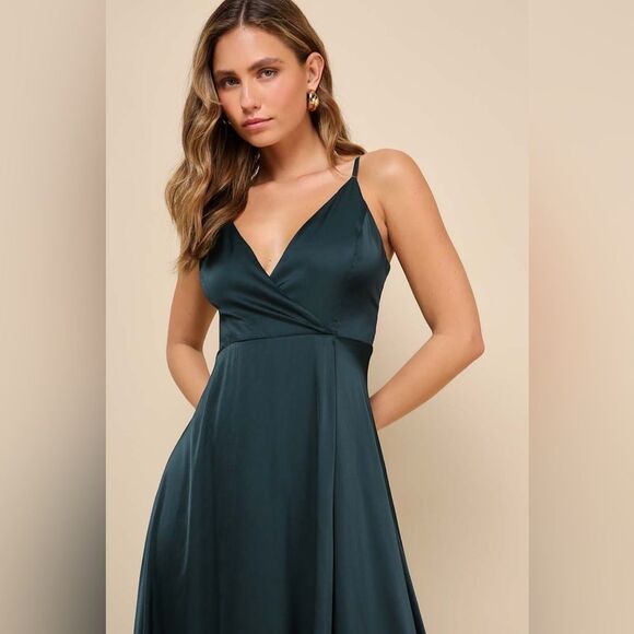Lulus Ode To Love Emerald Green Satin Maxi Dress Sz S Spaghetti straps - Picture 3 of 12